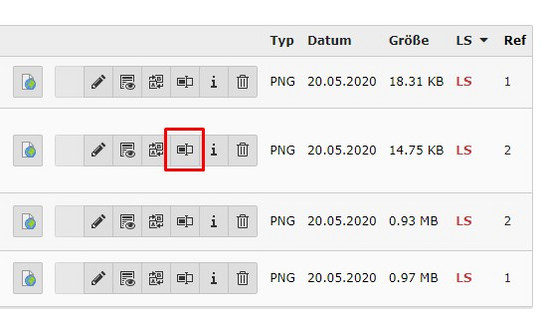 Screenshot des TYPO3-Backends zeigt Umbenennen von von Bildern.