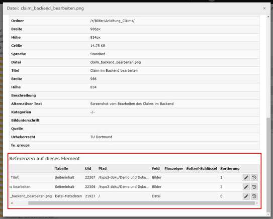 Screenshot des TYPO3-Backends zeigt Prüfung der Referenzen auf ein Bild.
